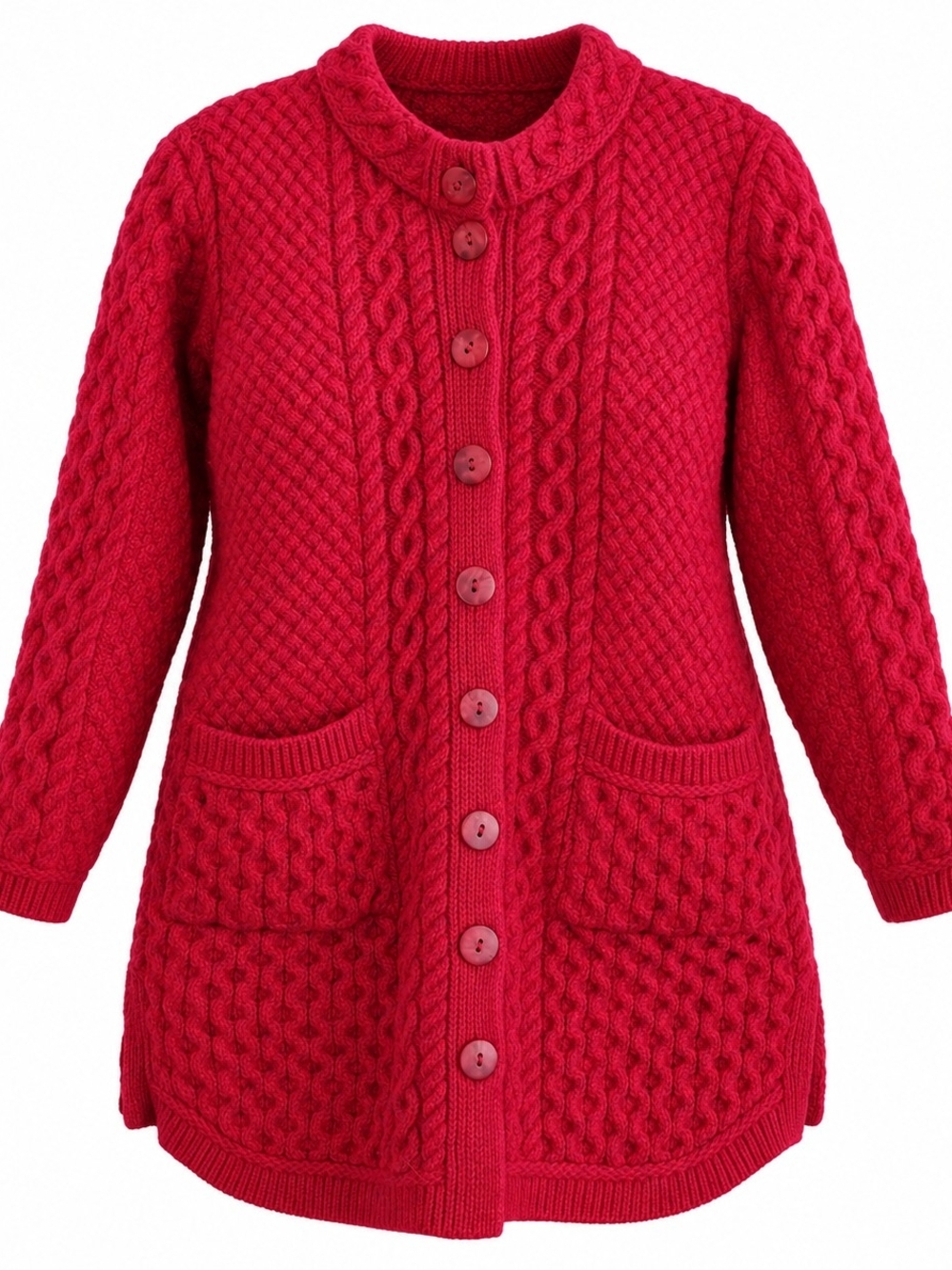 Aran Crafts Ireland Merino Wool Cable Knit Long Cardigan XXL Red